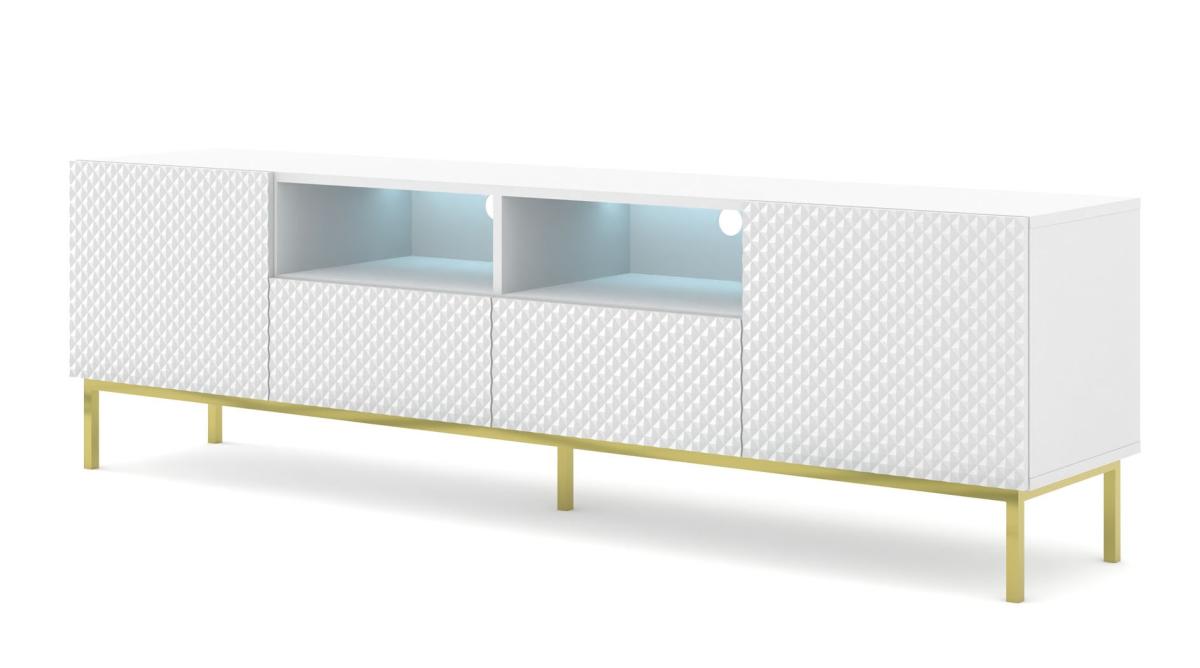 Meuble TV Ravenna CK 200 cm 2 portes 2 tiroirs avec LED - blanc mat et blanc brillant, cadre doré