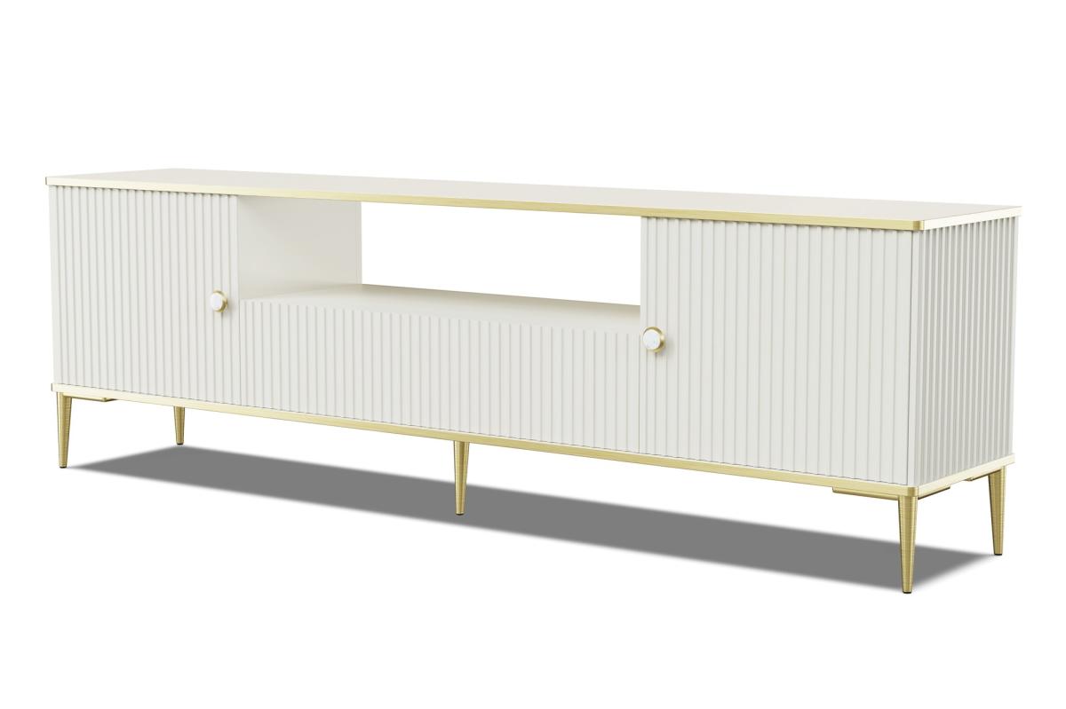 Meuble TV Petra 180 cm 2 portes 1 tiroir façades rainurées - cachemire, pieds dorés