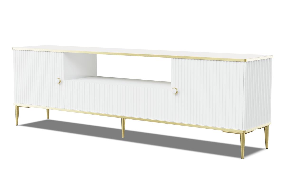 Meuble TV Petra 180 cm 2 portes 1 tiroir façades rainurées - blanc mat, pieds dorés