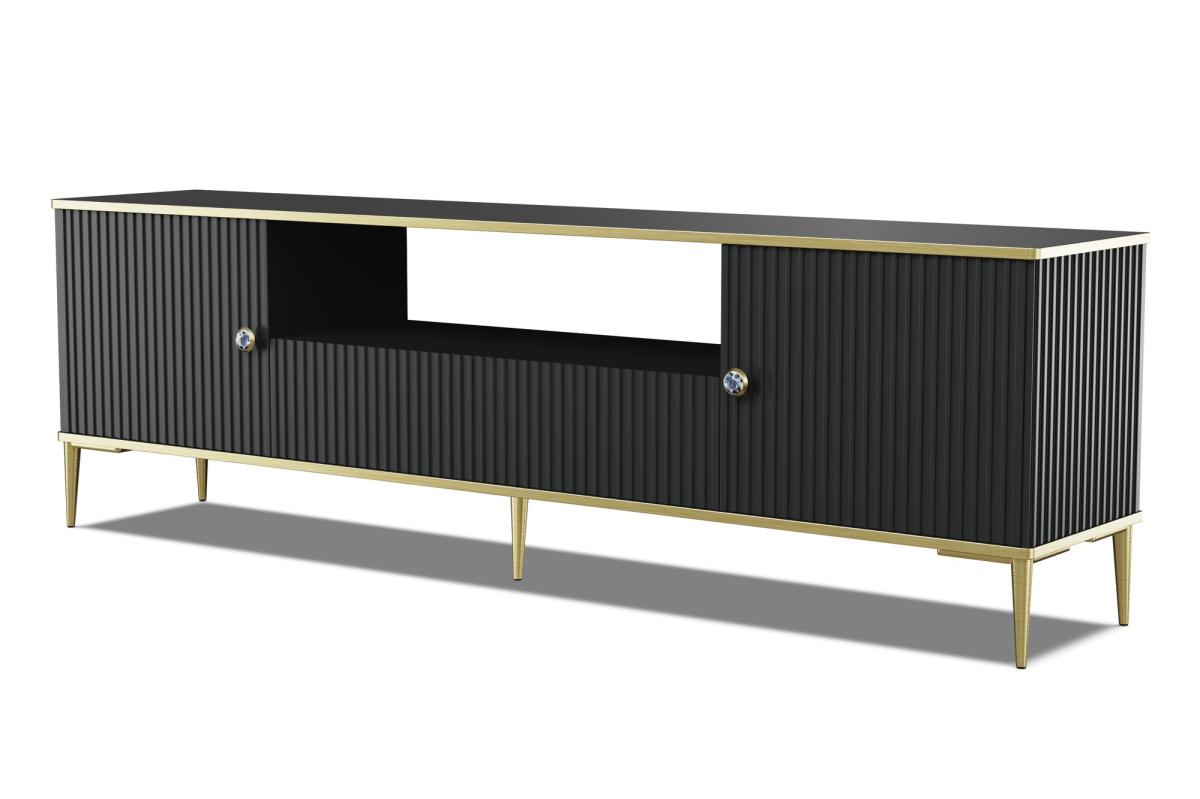 Meuble TV Petra 180 cm 2 portes 1 tiroir façades rainurées - noir mat, pieds dorés