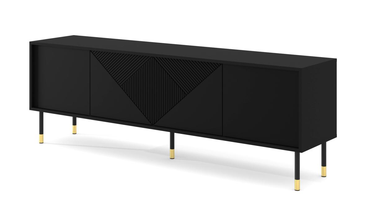 Meuble TV Woody 180 cm 4 portes motif triangles - noir mat, pieds noir et or