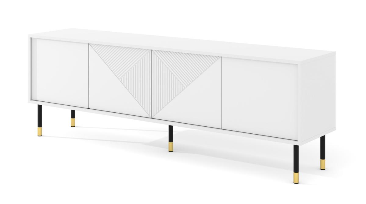 Meuble TV Woody 180 cm 4 portes motif triangles - blanc mat, pieds noir et or
