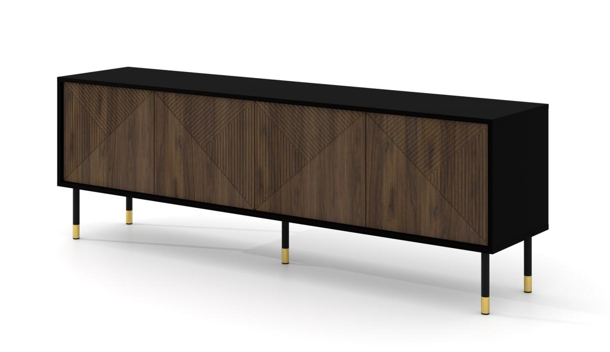 Meuble TV Woody IV 180 cm 4 portes façades fraisées - noir mat et chêne catania