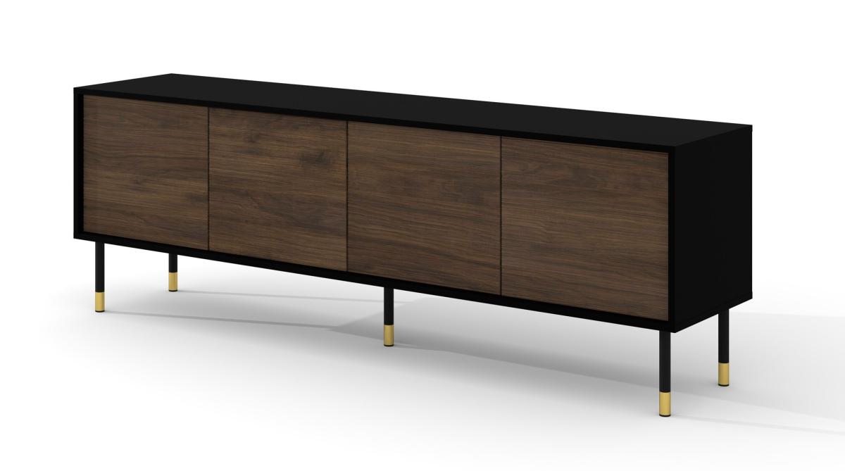 Meuble TV Sherwood 180 cm 4 portes façades rainurées - noir mat et chêne catania, pieds noir et or
