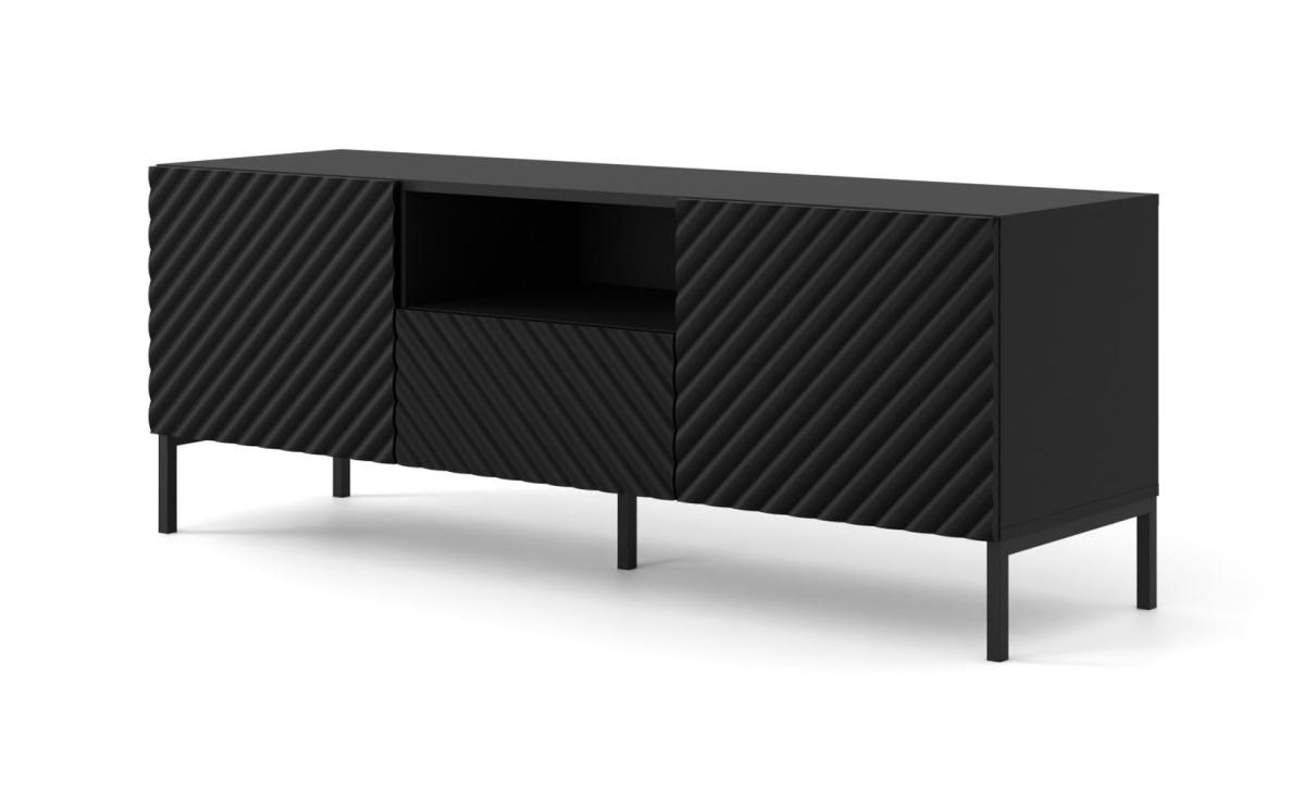 Meuble TV Surf 150 cm 2 portes 1 tiroir façades fraisées - noir mat, pieds noirs