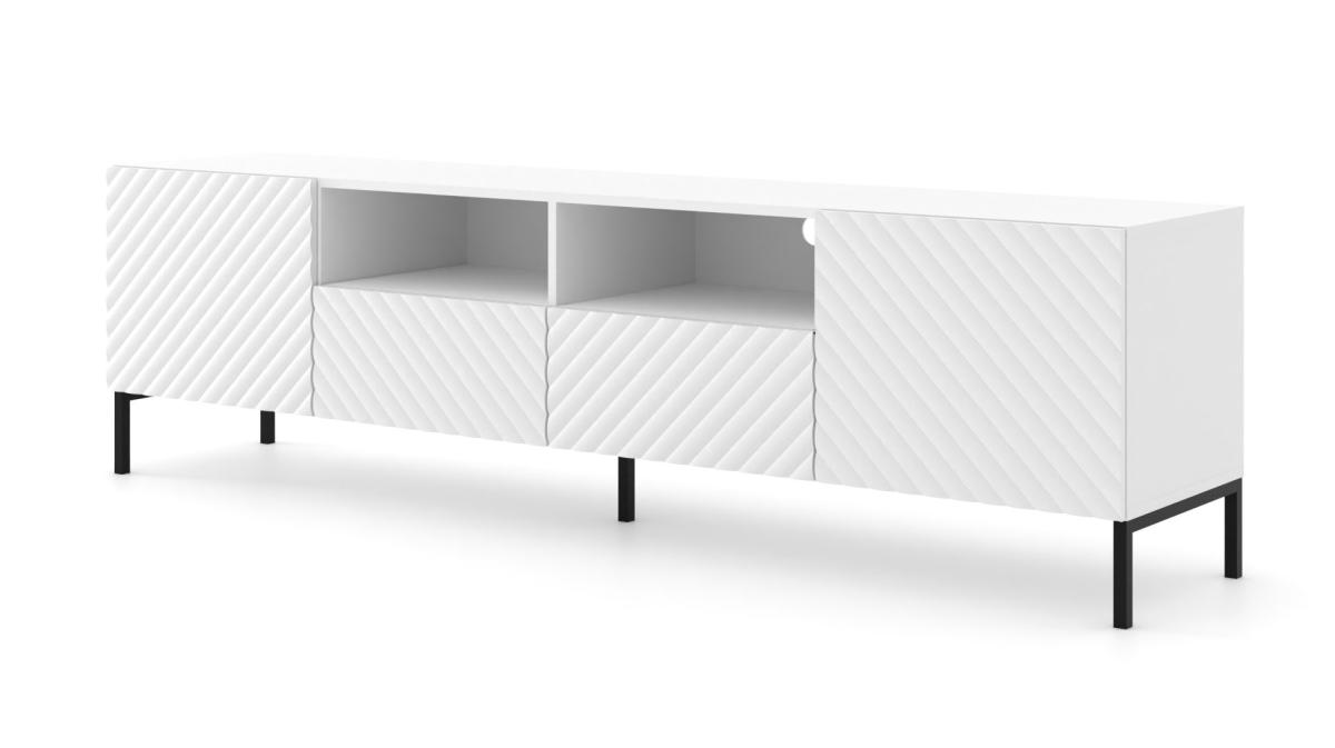 Meuble TV Surf 200 cm 2 portes 2 tiroirs façades fraisées - blanc mat, pieds noirs