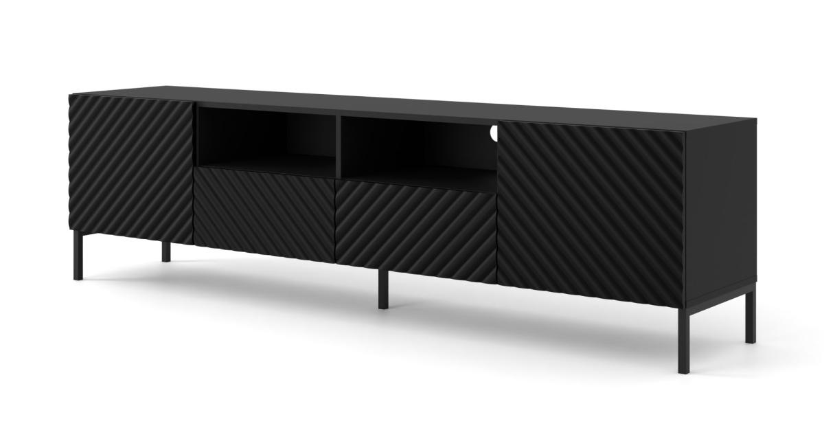 Meuble TV Surf 200 cm 2 portes 2 tiroirs façades fraisées - noir mat, pieds noirs