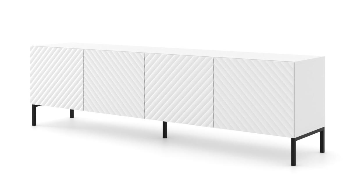 Meuble TV Surf 200 cm 4 portes façades fraisées - blanc mat, pieds noirs