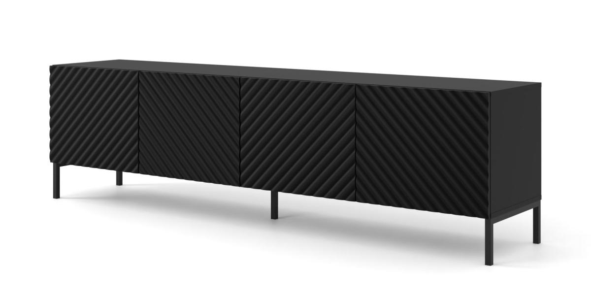 Meuble TV Surf 200 cm 4 portes façades fraisées - noir mat, pieds noirs