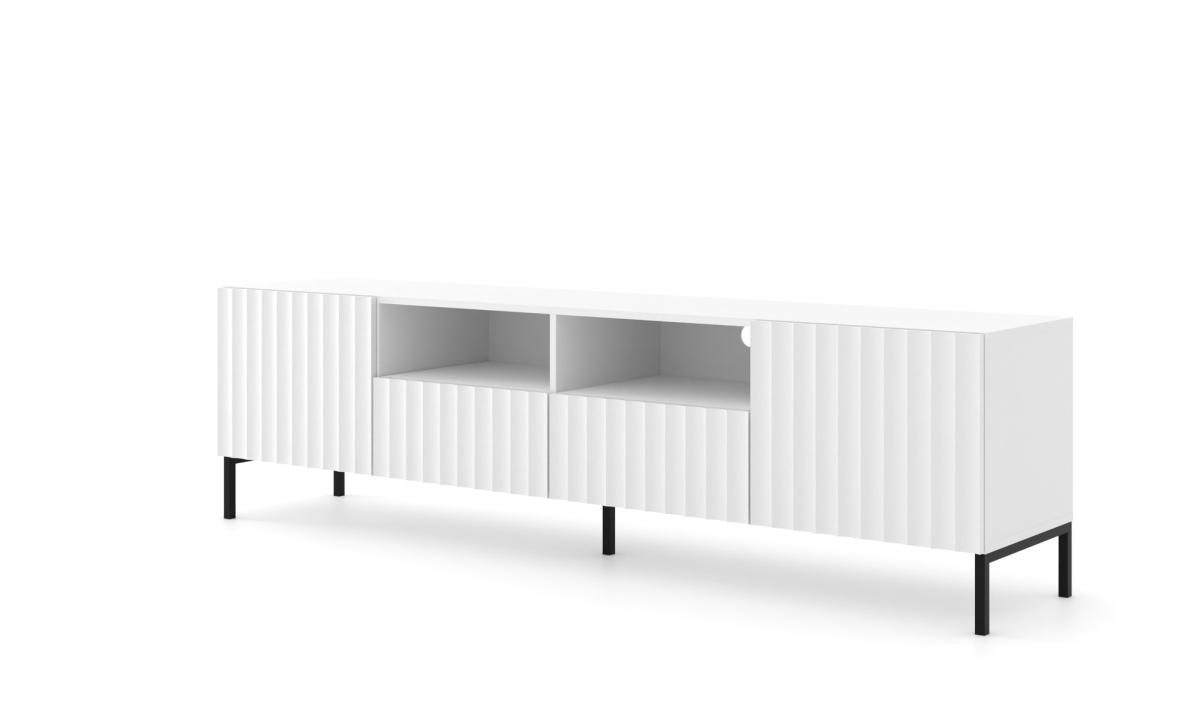 Meuble TV Wave 200 cm 2 portes 2 tiroirs façades fraisées - blanc mat, pieds noirs