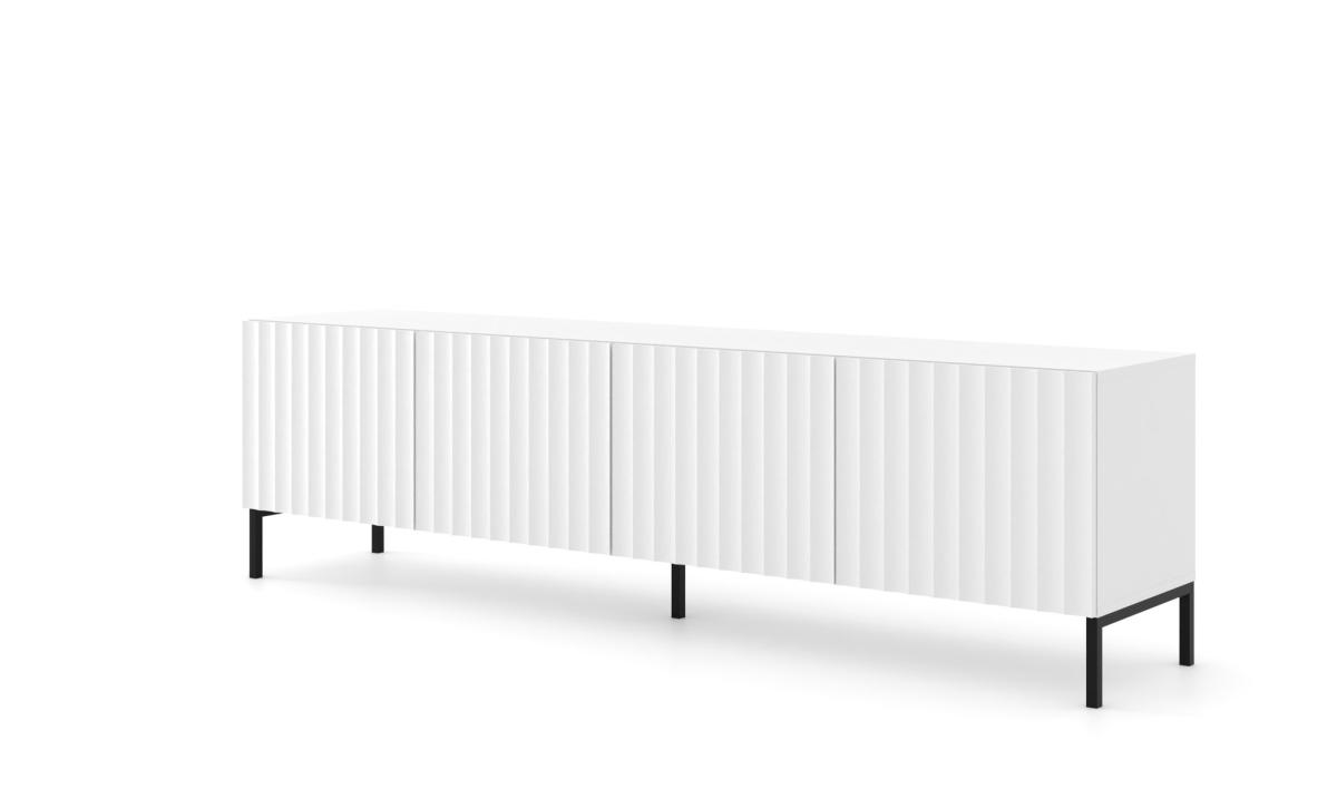Meuble TV Wave 200 cm 4 portes façades fraisées - blanc mat, pieds noirs