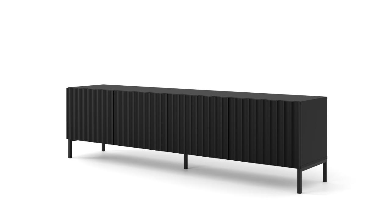 Meuble TV Wave 200 cm 4 portes façades fraisées - noir mat, pieds noirs