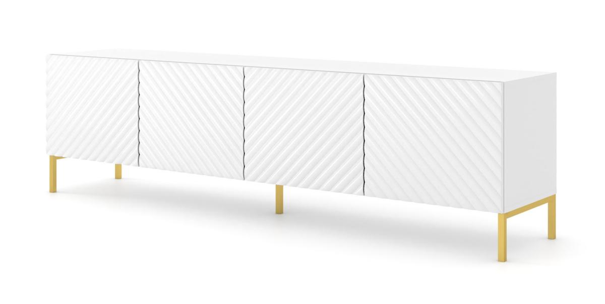 Meuble TV Surf 200 cm 4 portes façades fraisées - blanc mat et blanc brillant, pieds dorés