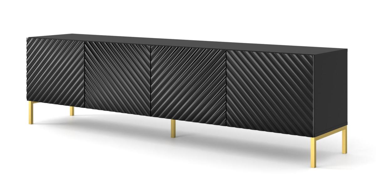 Meuble TV Surf 200 cm 4 portes façades fraisées - noir mat et noir brillant, pieds dorés