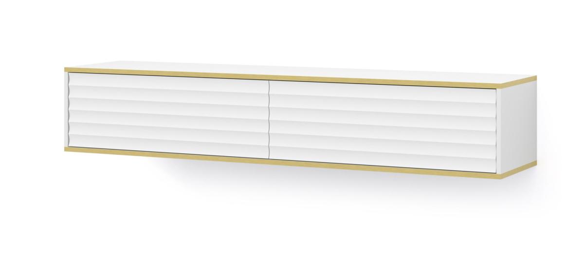 Meuble TV suspendu Wabi 180 cm 2 portes façades fraisées - blanc mat, liserés dorés