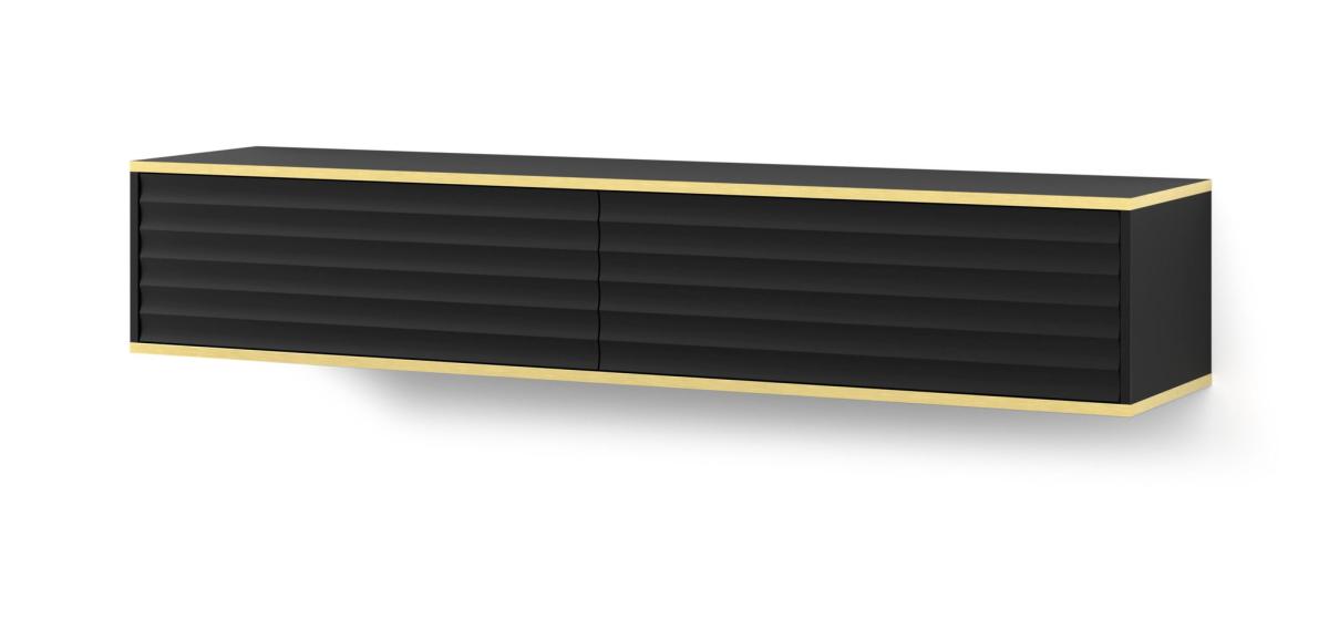 Meuble TV suspendu Wabi 180 cm 2 portes façades fraisées - noir mat, liserés dorés