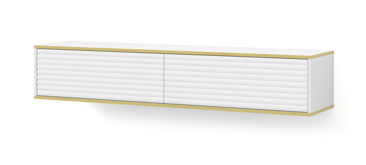 Meuble TV Subi 180 cm suspendu 2 abattants façades fraisées - blanc mat, liseré doré