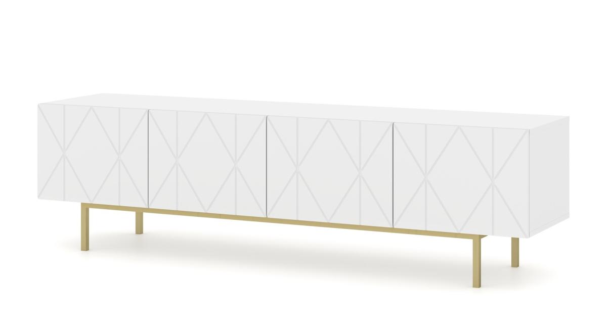 Meuble TV Kairo 180 cm 4 portes façades losanges - blanc mat, cadre doré