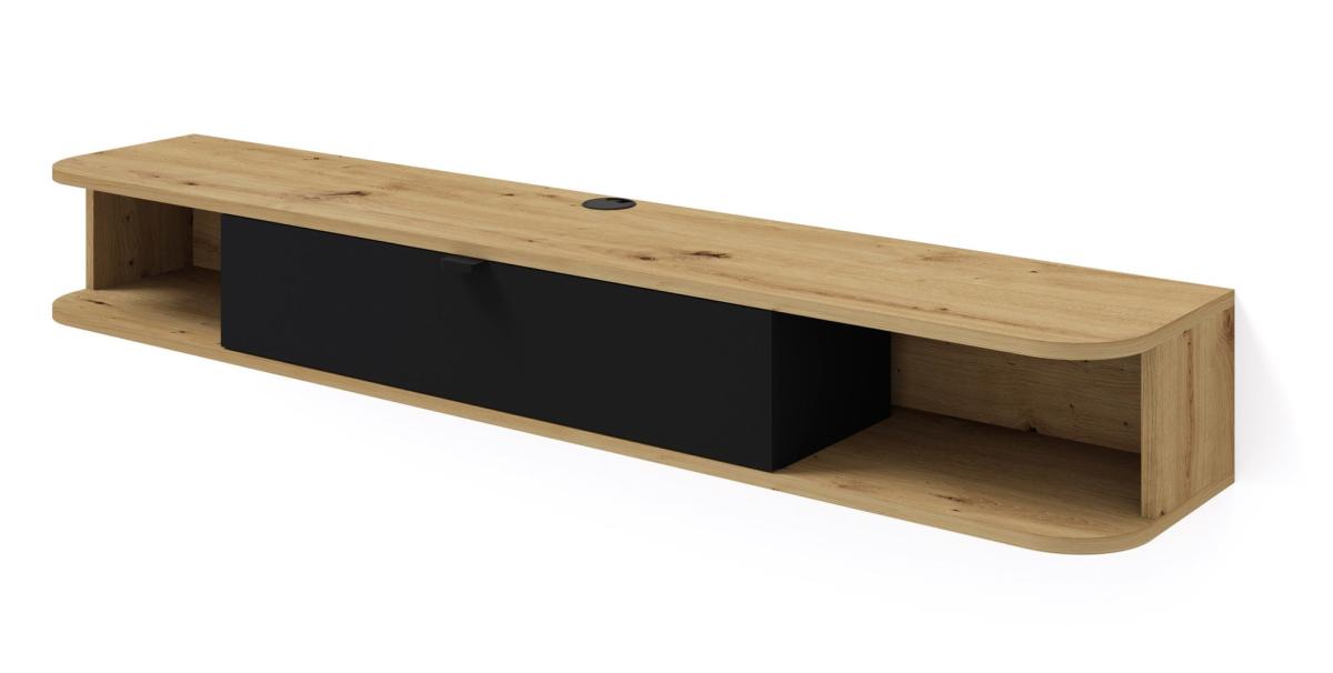 Meuble TV suspendu Icarus 156 cm angles arrondis 1 abattant - chêne artisan et noir mat