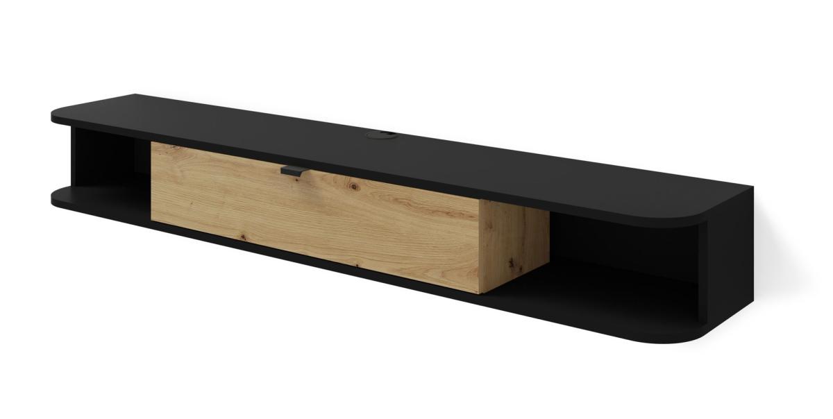 Meuble TV suspendu Icarus 156 cm angles arrondis 1 abattant - noir mat et chêne artisan