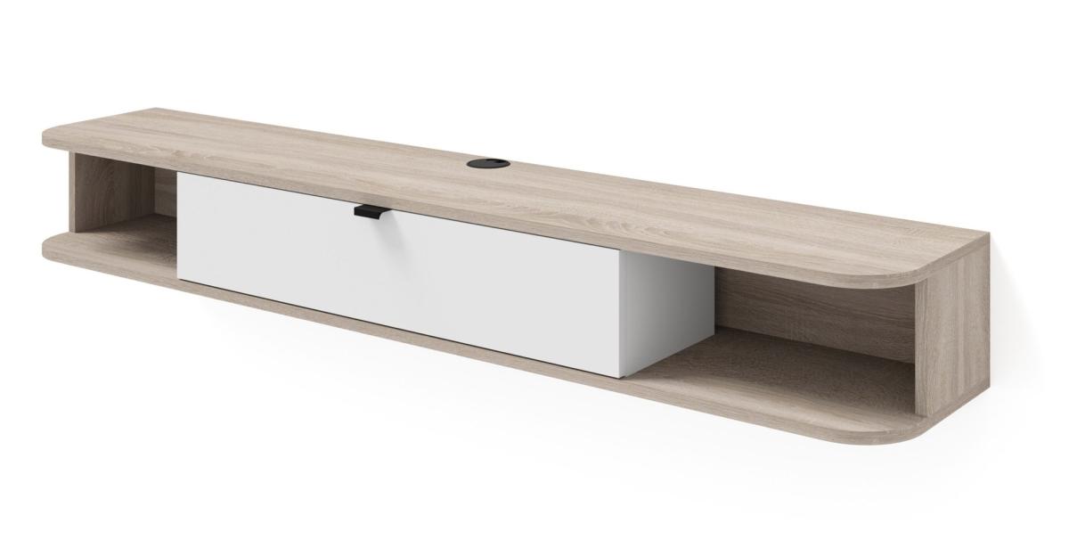Meuble TV suspendu Icarus 156 cm angles arrondis 1 abattant - chêne sonoma et blanc mat