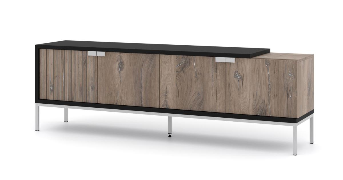 Meuble TV Toledo 190 cm 4 portes - chêne flagstaff et noir mat, piètement argent