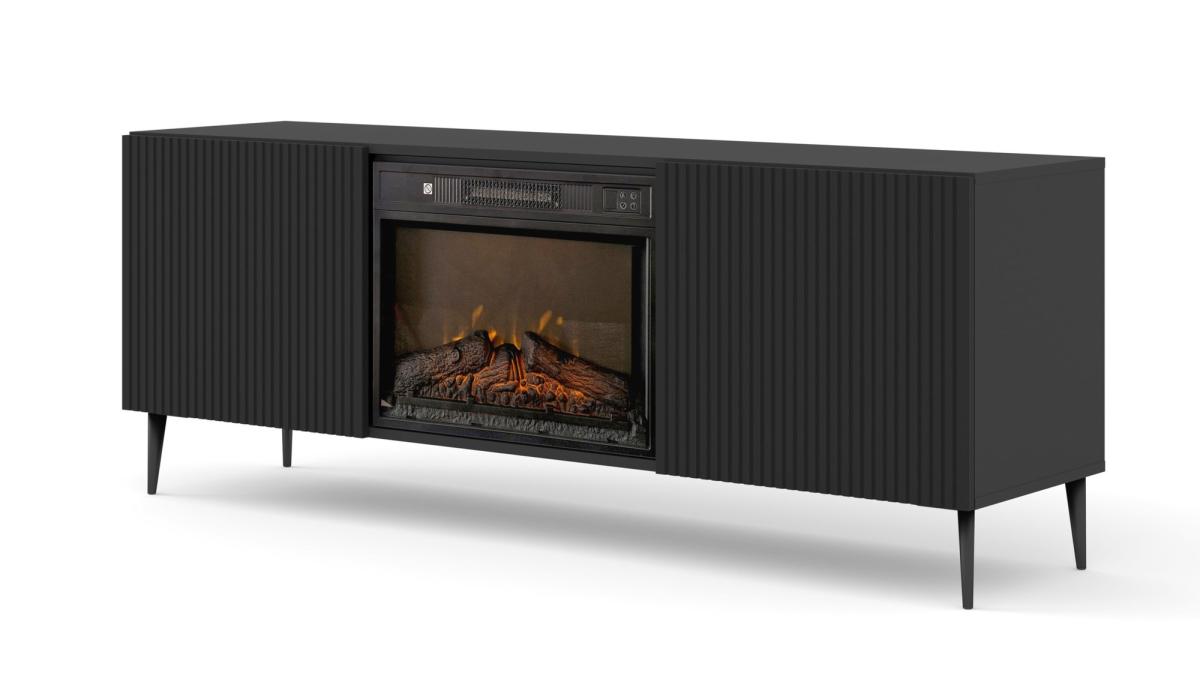 Meuble TV avec cheminée électrique Ravenna B 170 cm 2 portes rainurées - noir mat