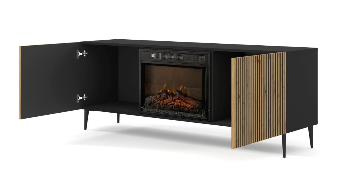 Meuble TV avec cheminée électrique Ravenna F 170 cm 2 portes rainurées - noir mat et chêne artisan