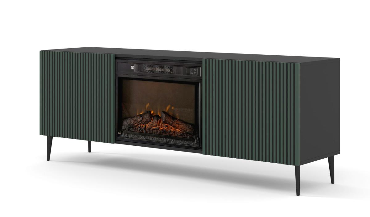Meuble TV avec cheminée électrique Ravenna F 170 cm 2 portes rainurées - noir mat et vert foncé