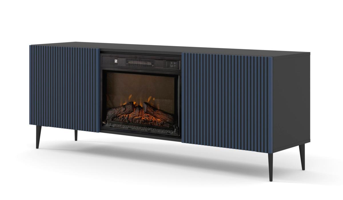 Meuble TV avec cheminée électrique Ravenna F 170 cm 2 portes rainurées - noir mat et bleu marine