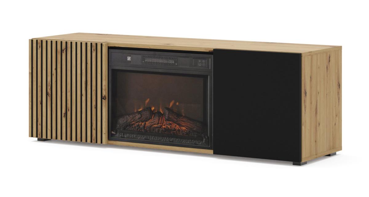 Meuble TV avec cheminée électrique Auris 148,8 cm 2 portes - chêne artisan et noir mat