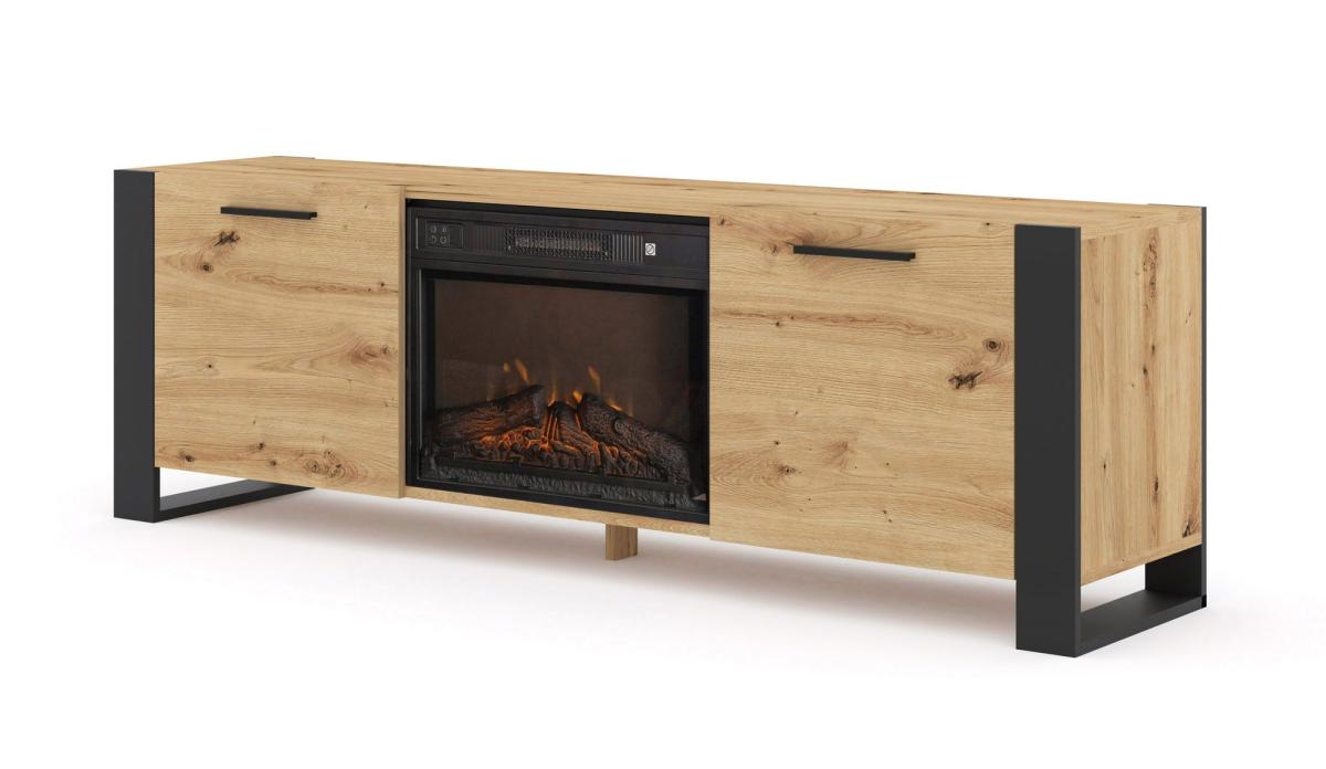 Meuble TV avec cheminée électrique Nuka 180 cm - chêne artisan, pieds noirs