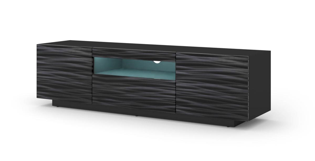Meuble TV Aura Sahara 150 cm suspendu ou sur socle avec LED - noir, façades relief 3D