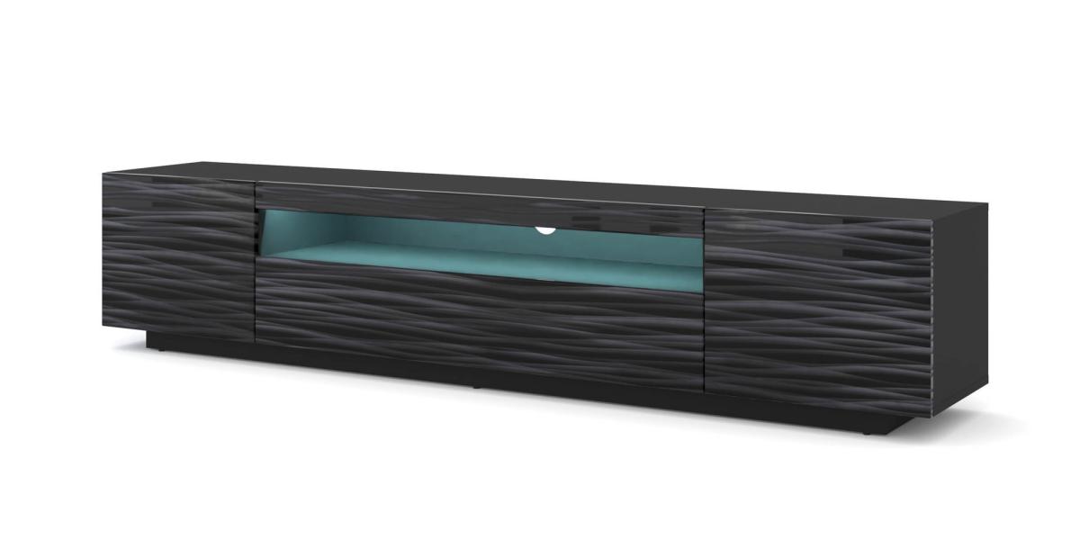 Meuble TV Aura Sahara 200 cm suspendu ou sur socle avec LED - noir, façades relief 3D