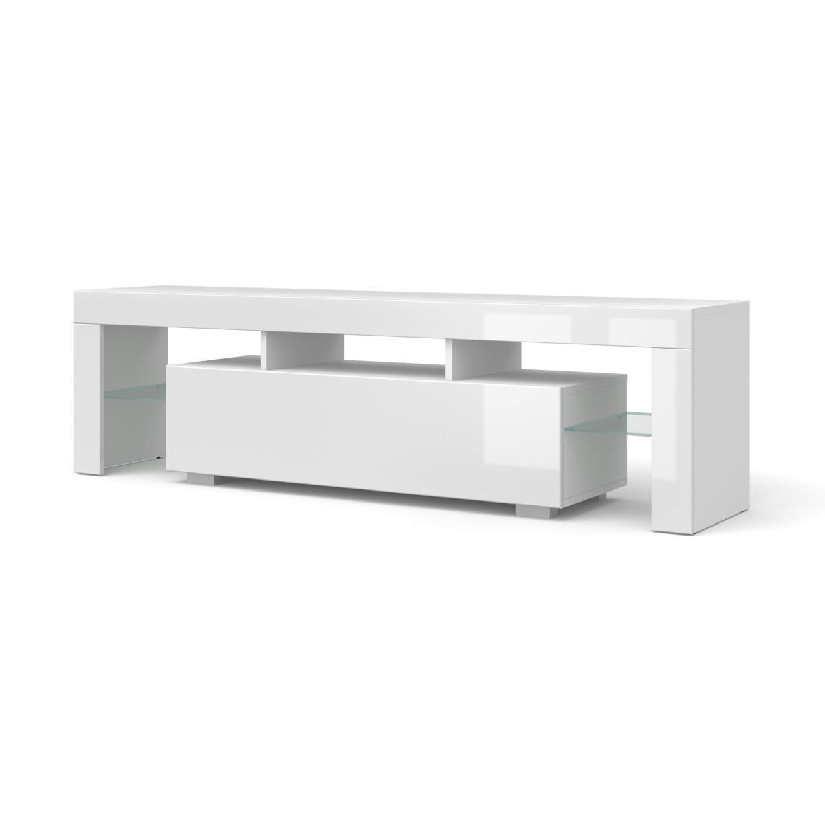 Meuble TV 160 cm abattant et étagères en verre, sans LED - blanc mat et blanc brillant