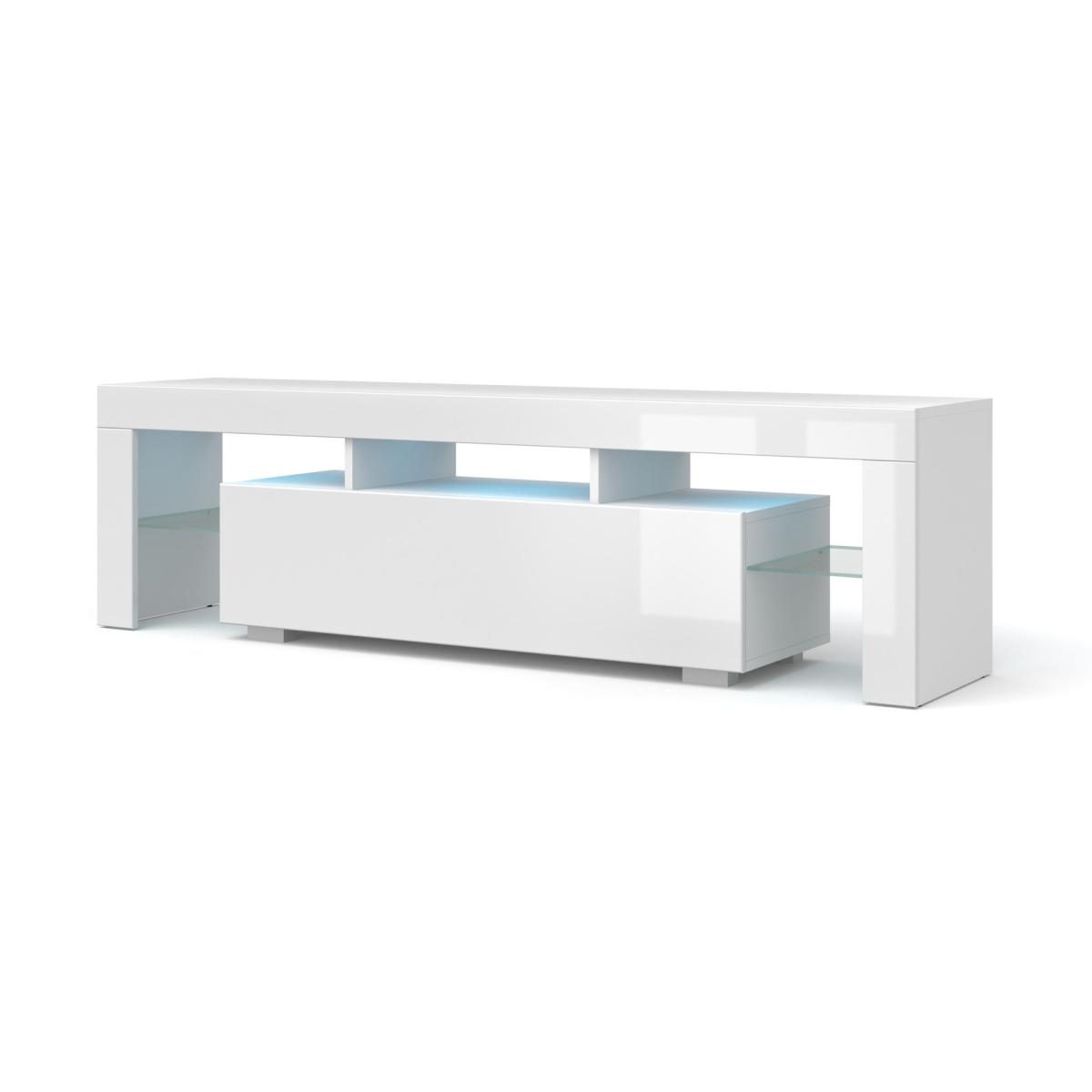 Meuble TV 160 cm abattant et étagères en verre, option LED - blanc mat et blanc brillant