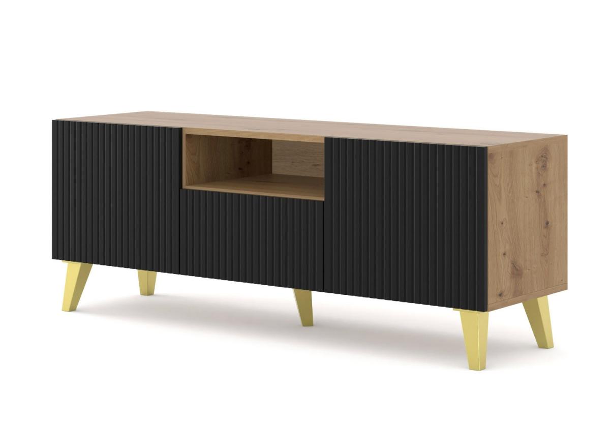 Meuble TV Ravenna P 150 cm 2 portes 1 tiroir rainuré - chêne artisan et noir mat, pieds dorés