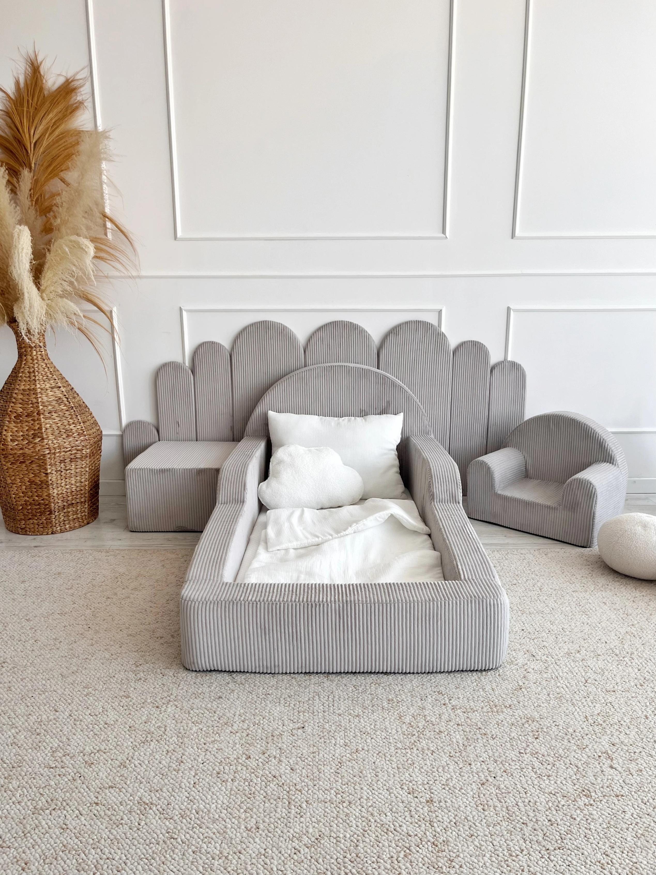 Lit enfant au sol en mousse 163 x 95 cm - couchage 70 x 140 cm, housse velours cotele gris