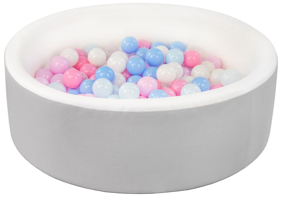 Piscine à balles en similicuir avec 200 balles — piscine blanc gris, balles blanc bleu rose