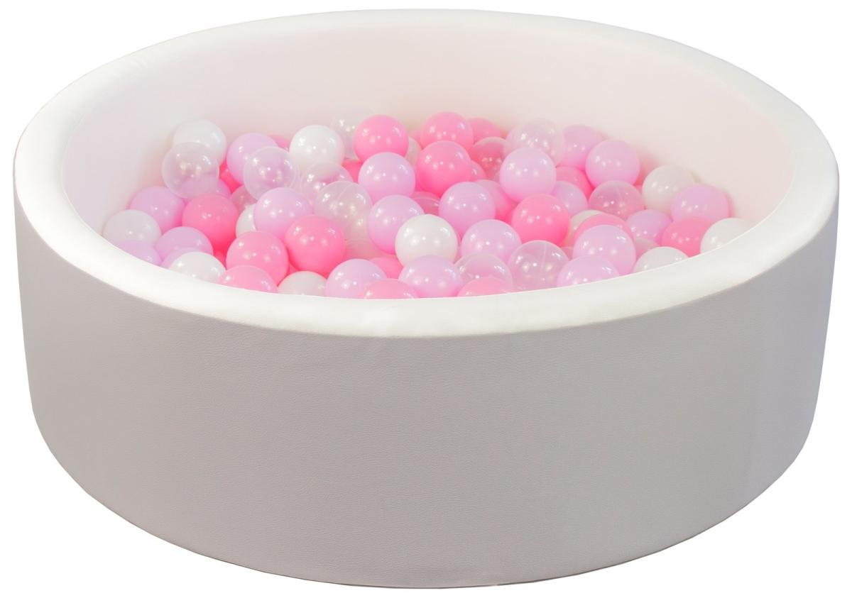 Piscine à balles en similicuir avec 200 balles — piscine blanc gris, balles blanc rose