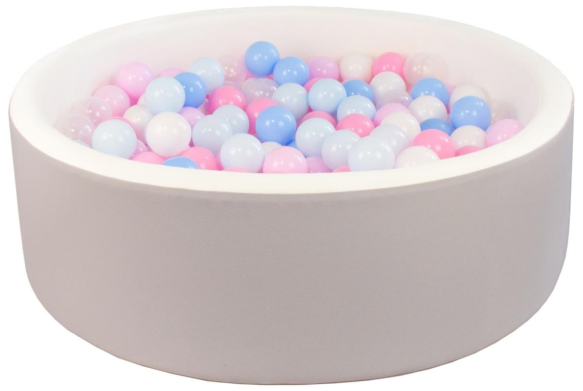 Piscine à balles en similicuir avec 300 balles — piscine blanc gris, balles blanc bleu rose