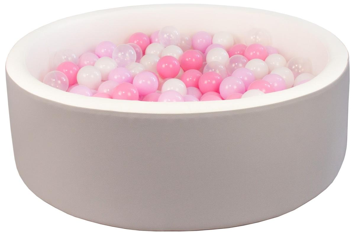Velinda Piscine à balles en similicuir avec 300 balles — piscine blanc gris, balles blanc rose