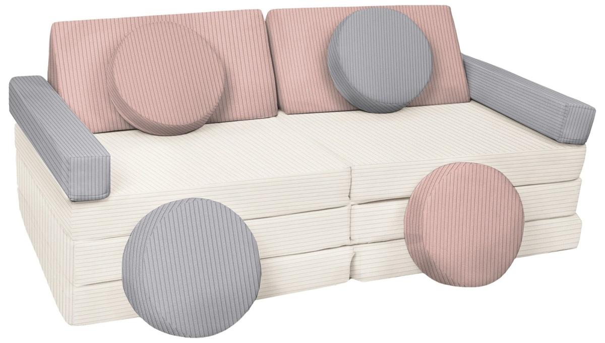 Velinda Canapé modulable enfant, blocs de mousse avec volant — crème, rose clair, gris