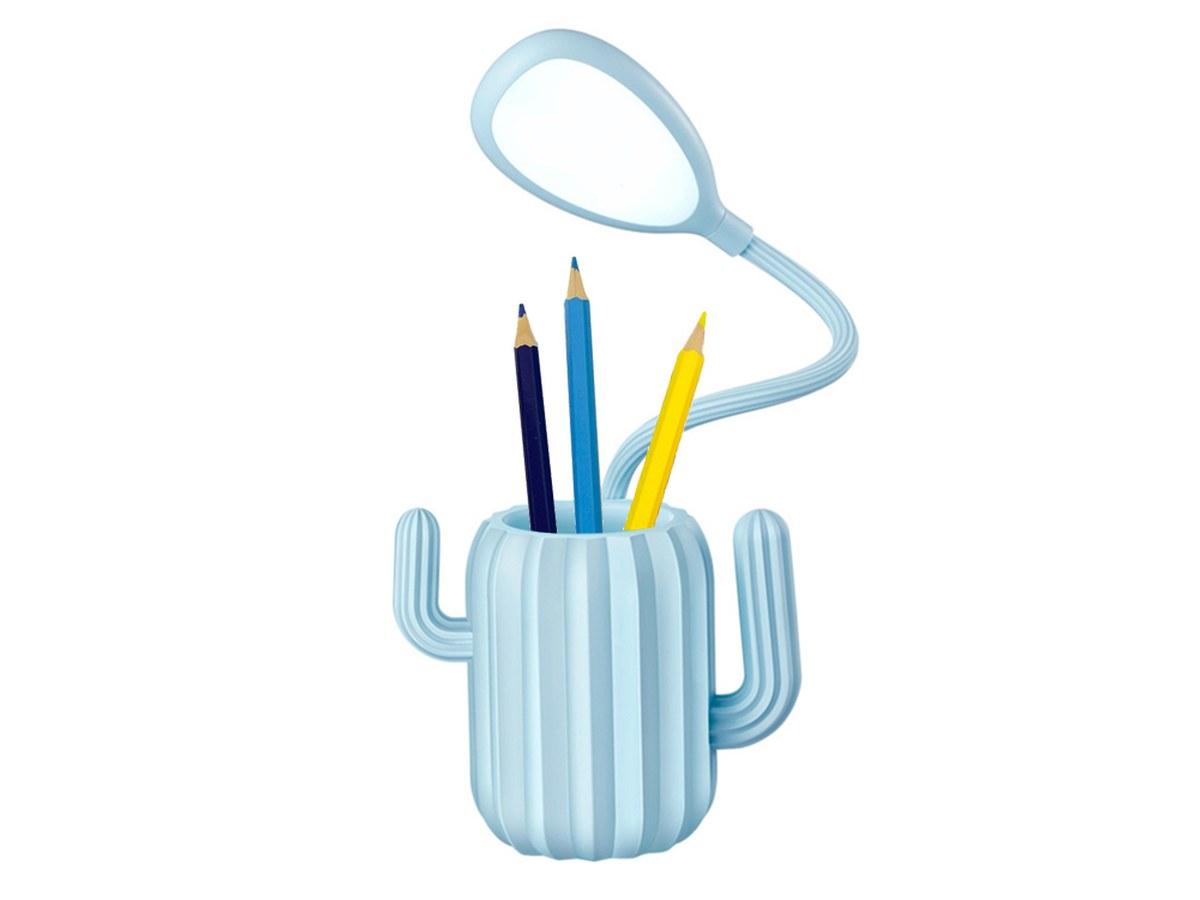 Pot à Crayons en Forme de Cactus - Lampe LED Flexible 360° - Éclairage 3 Intensités - Bleu