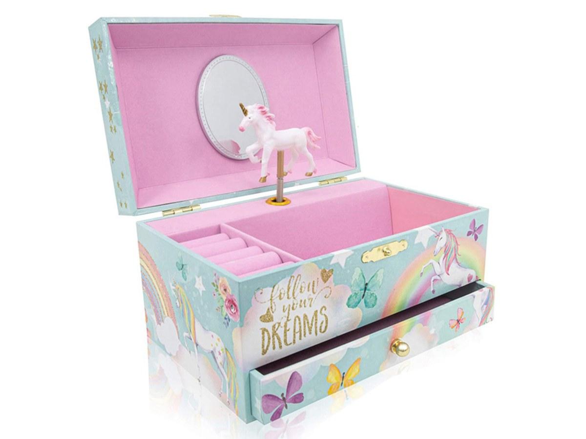 Boîte à Musique avec Licorne - Mécanisme à Remonter, Miroir et Rangement Bijoux