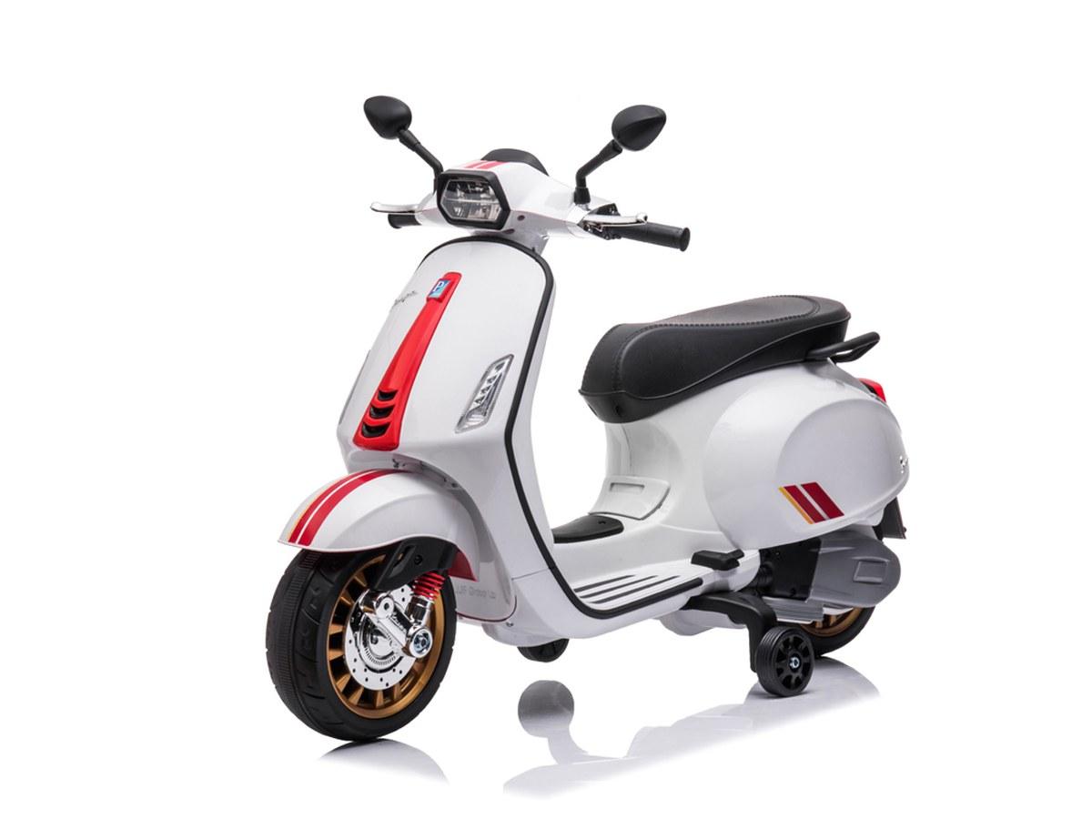 Vespa Électrique Enfant - 12V, Roulettes Stabilisatrices, Effets Sonores et Lumineux - Blanc