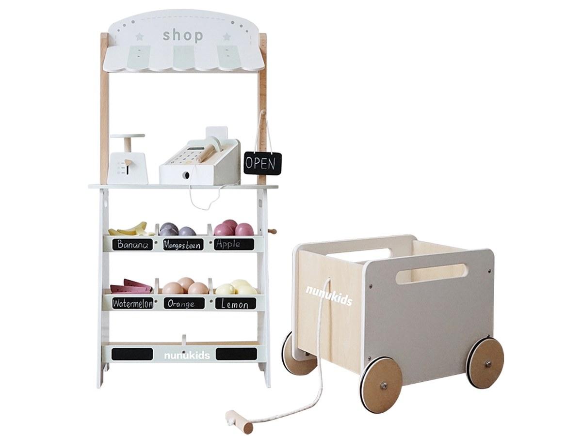 Stand de Marché en Bois - Avec Chariot, Fruits et Accessoires - 95,5 cm